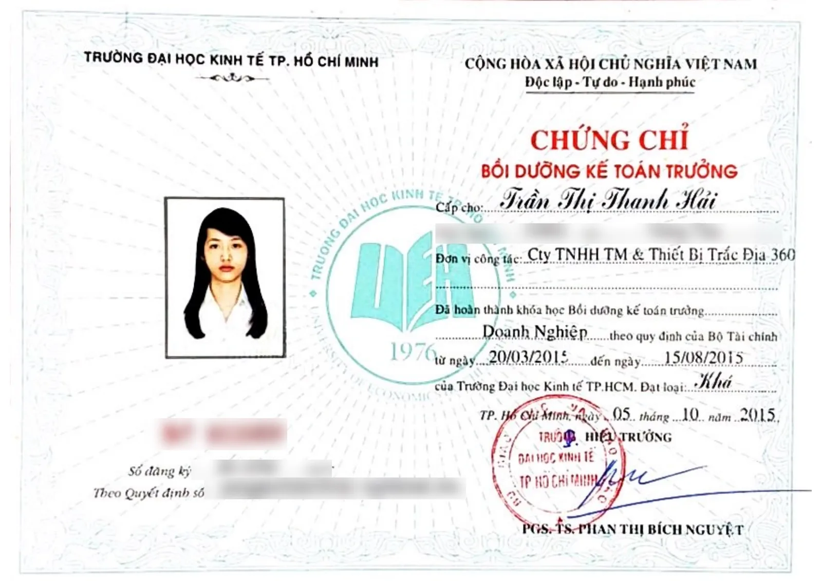 Chứng chỉ Bồi dưỡng Kế toán trưởng (doanh nghiệp) của bà Trần Thị Thanh Hải do Trường Đại học Kinh tế TP. Hồ Chí Minh cấp ngày 05/10/2015
